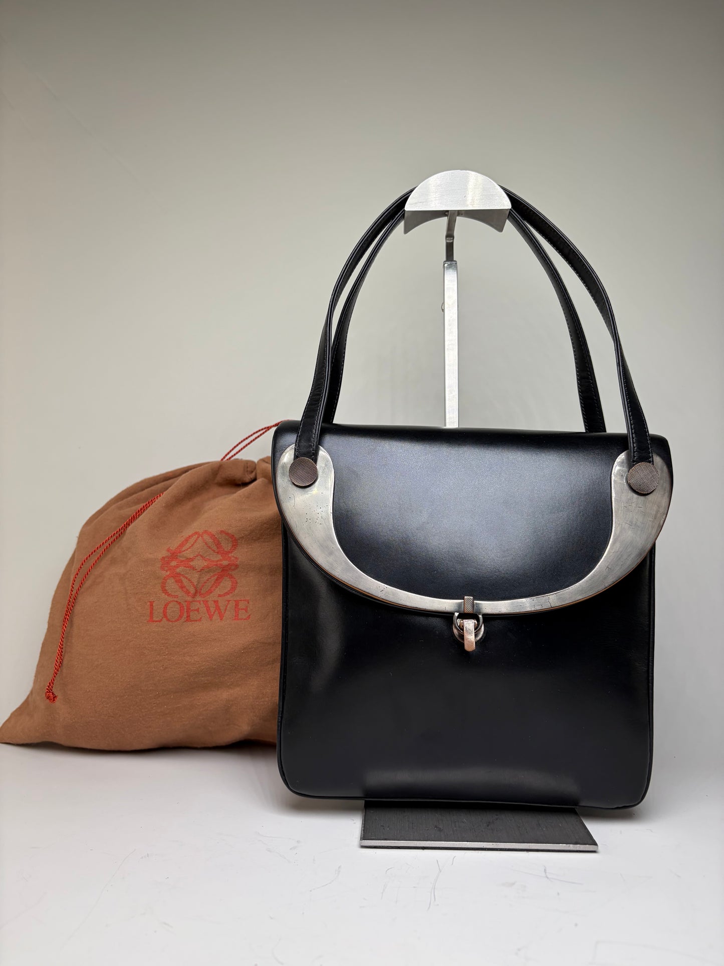 Vintage Loewe Structured Leather Top-Handle Bag Black Silver