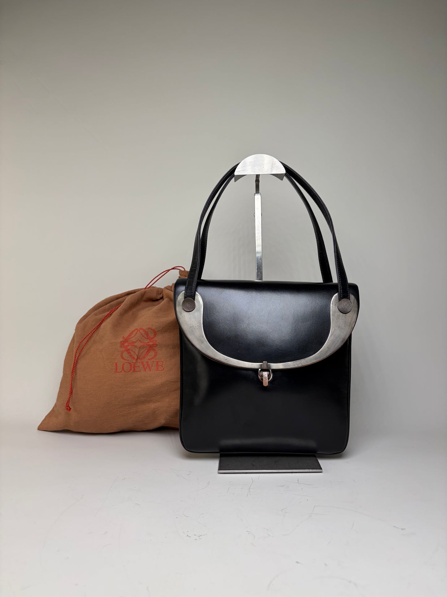 Vintage Loewe Structured Leather Top-Handle Bag Black Silver