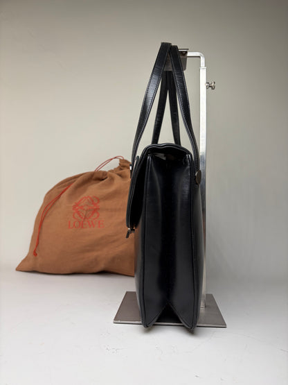 Vintage Loewe Structured Leather Top-Handle Bag Black Silver