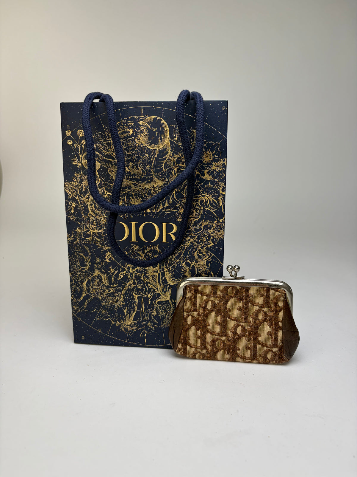 Vintage Dior Oblique Canvas Kiss-Lock Coin Purse Late 1970s Brown