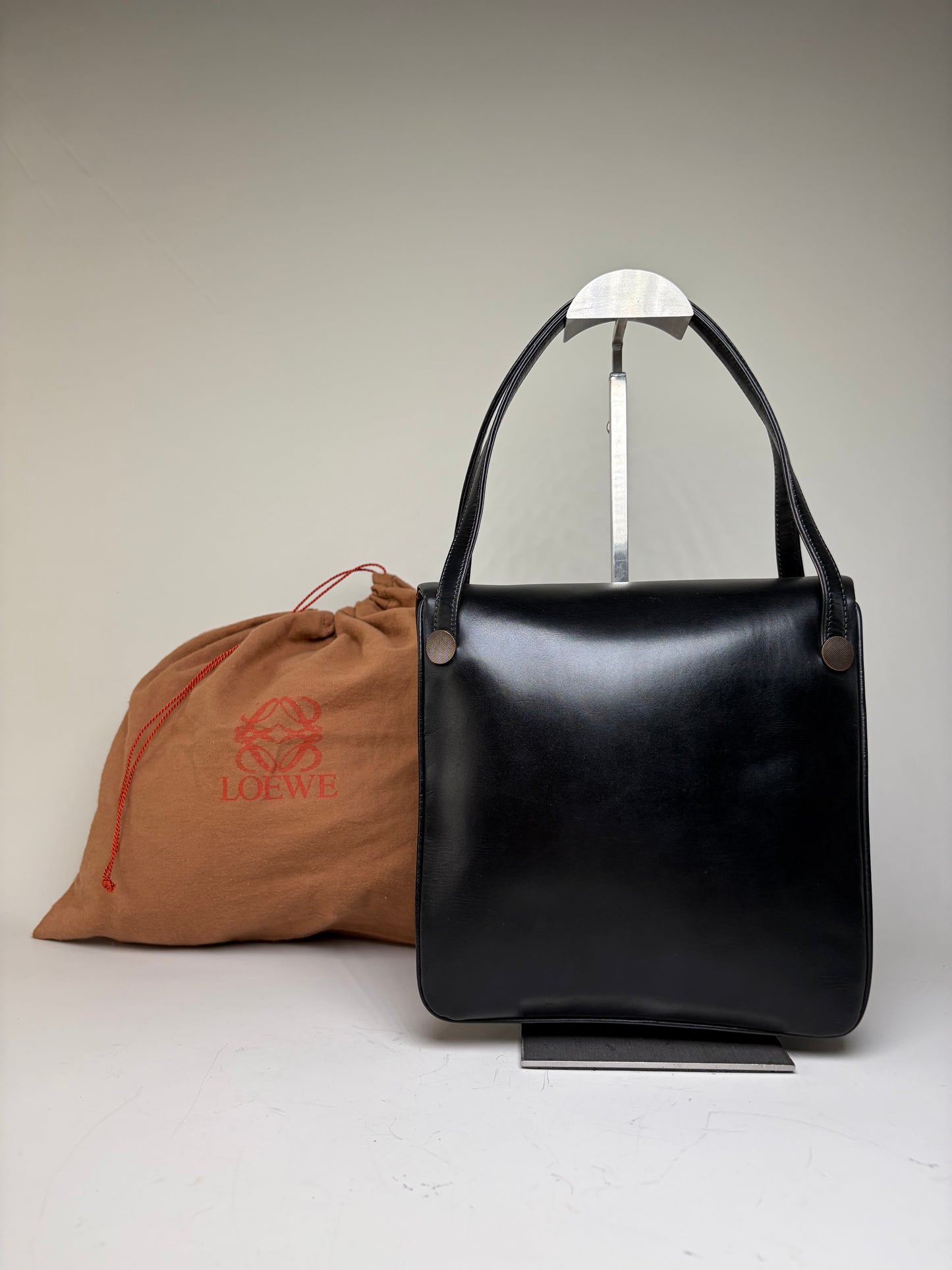 Vintage Loewe Structured Leather Top-Handle Bag Black Silver