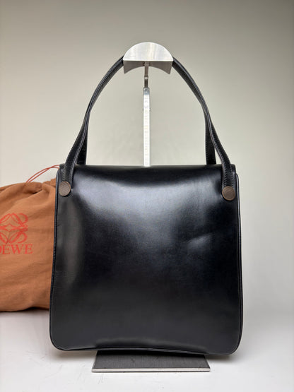 Vintage Loewe Structured Leather Top-Handle Bag Black Silver