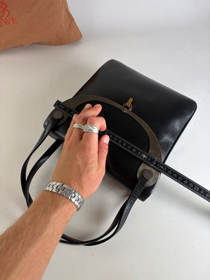 Vintage Loewe Structured Leather Top-Handle Bag Black Silver