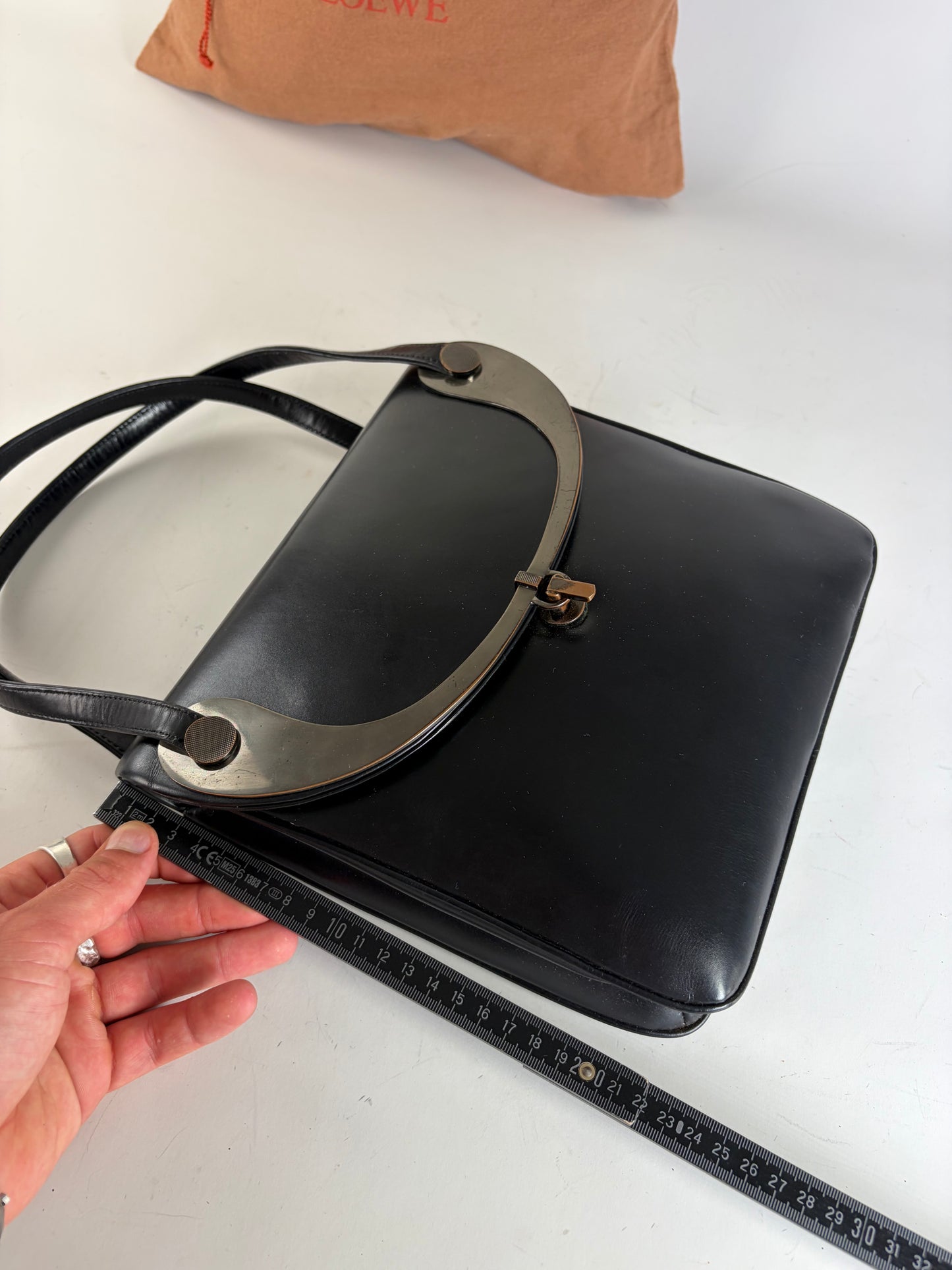 Vintage Loewe Structured Leather Top-Handle Bag Black Silver