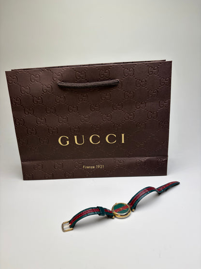 Vintage Gucci Leather Strap Watch Green Red Gold-Tone Damaged