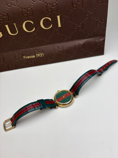Vintage Gucci Leather Strap Watch Green Red Gold-Tone Damaged