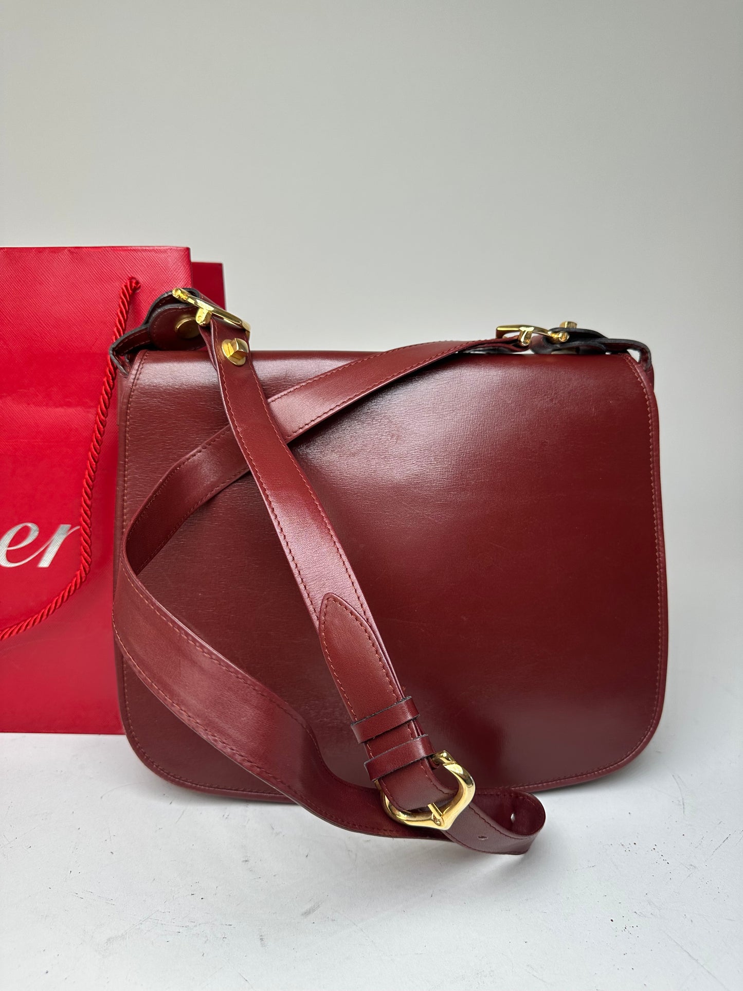 Vintage Cartier Smooth Shoulder Bag Burgundy Mini
