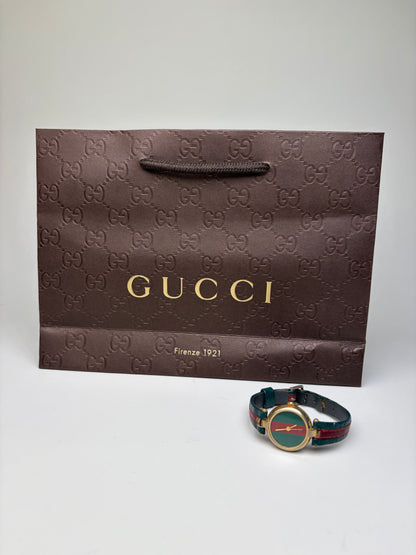 Vintage Gucci Leather Strap Watch Green Red Gold-Tone Damaged