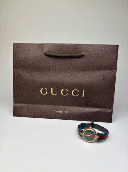 Vintage Gucci Leather Strap Watch Green Red Gold-Tone Damaged