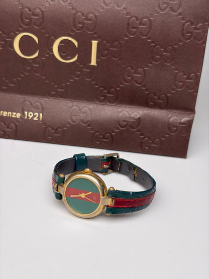 Vintage Gucci Leather Strap Watch Green Red Gold-Tone Damaged