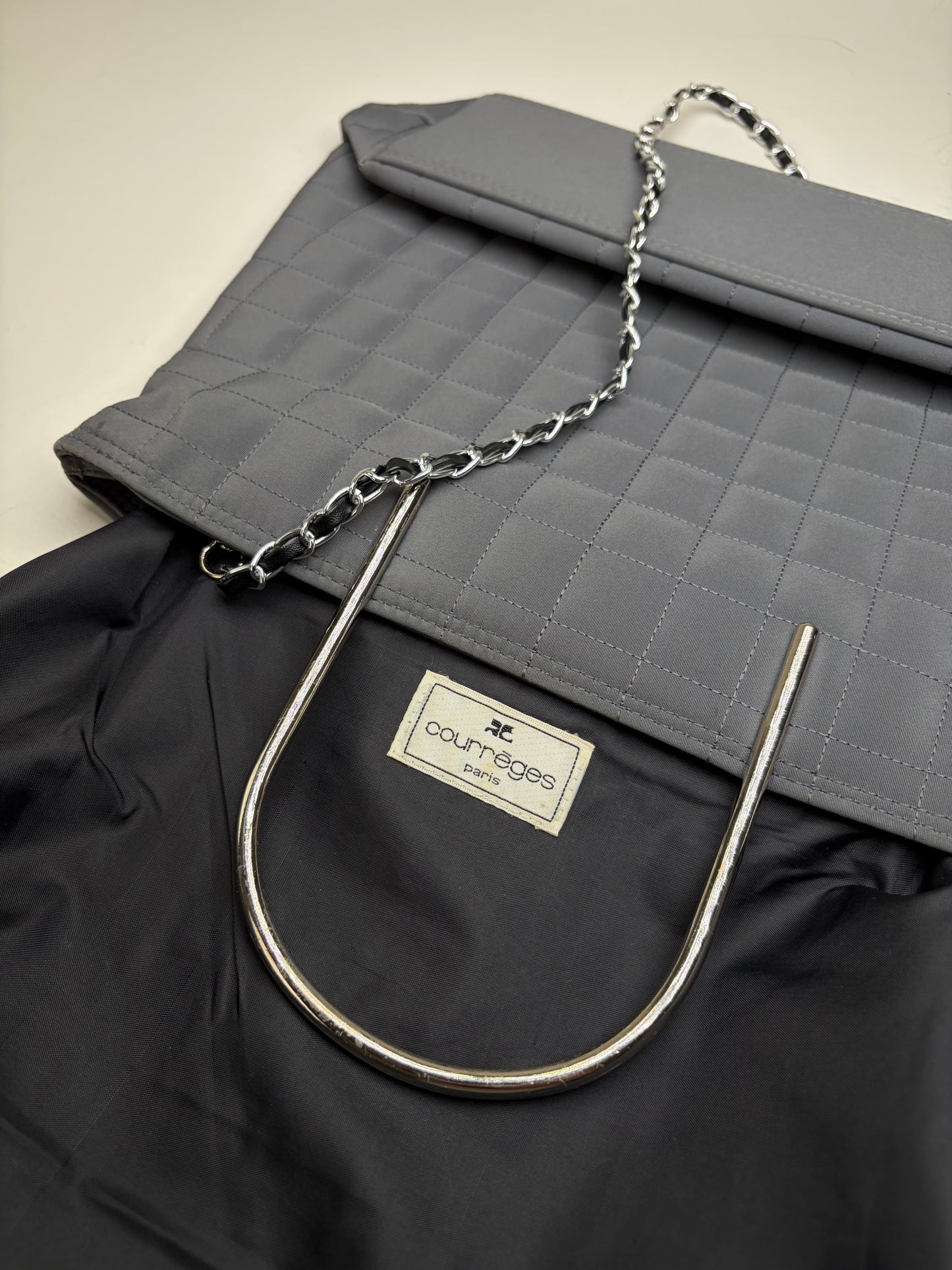 Vintage Courreges Quilted Nylon Tote Grey Silver