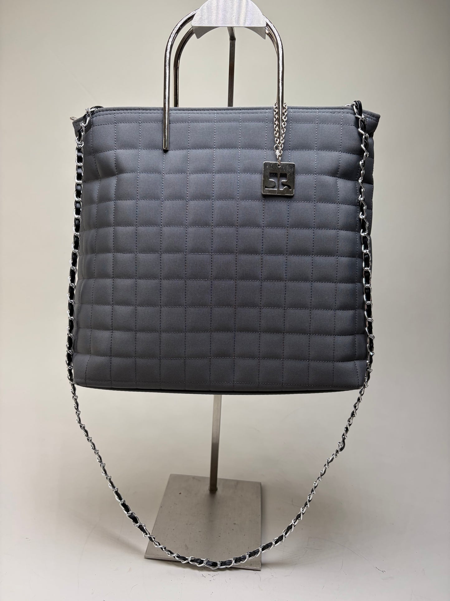 Vintage Courreges Quilted Nylon Tote Grey Silver