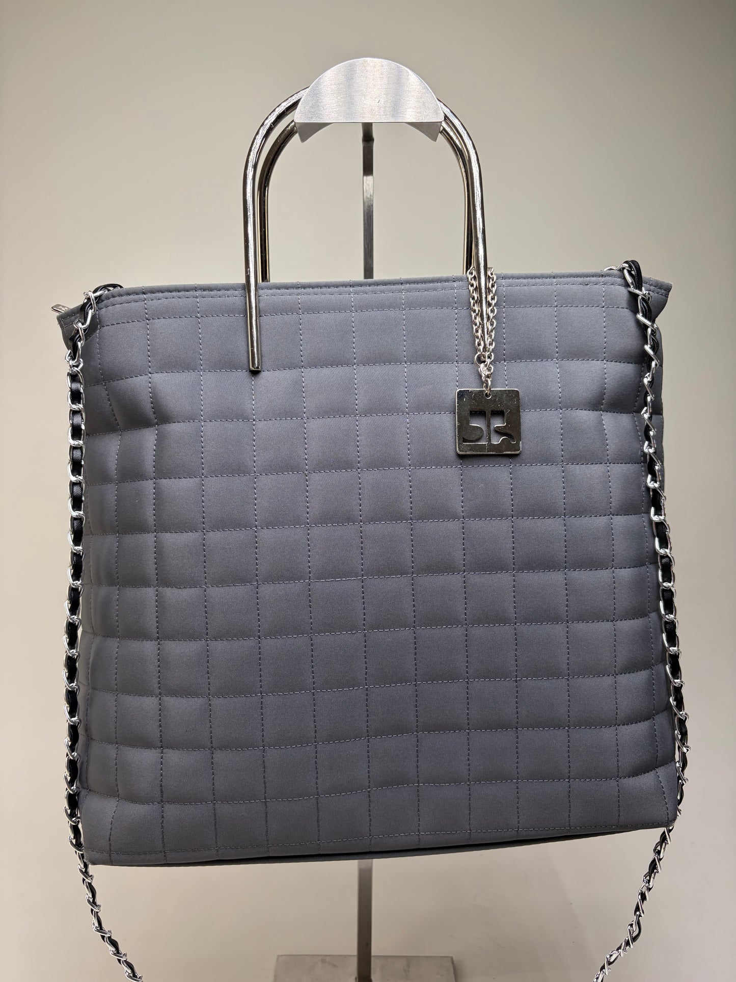Vintage Courreges Quilted Nylon Tote Grey Silver