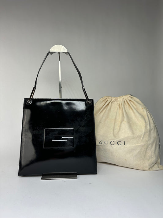 Vintage Gucci Patent Leather Tote Black Silver