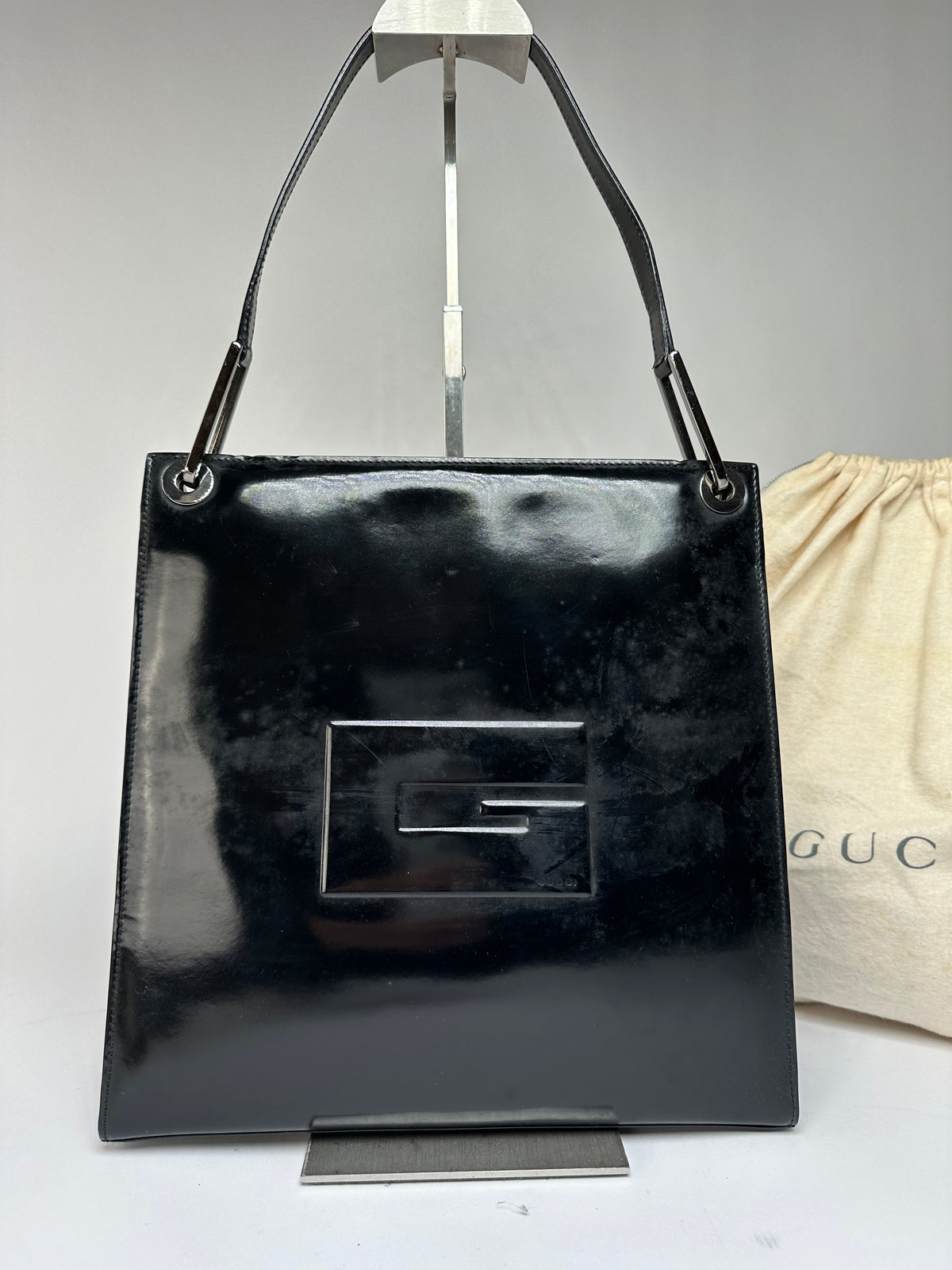 Vintage Gucci Patent Leather Tote Black Silver