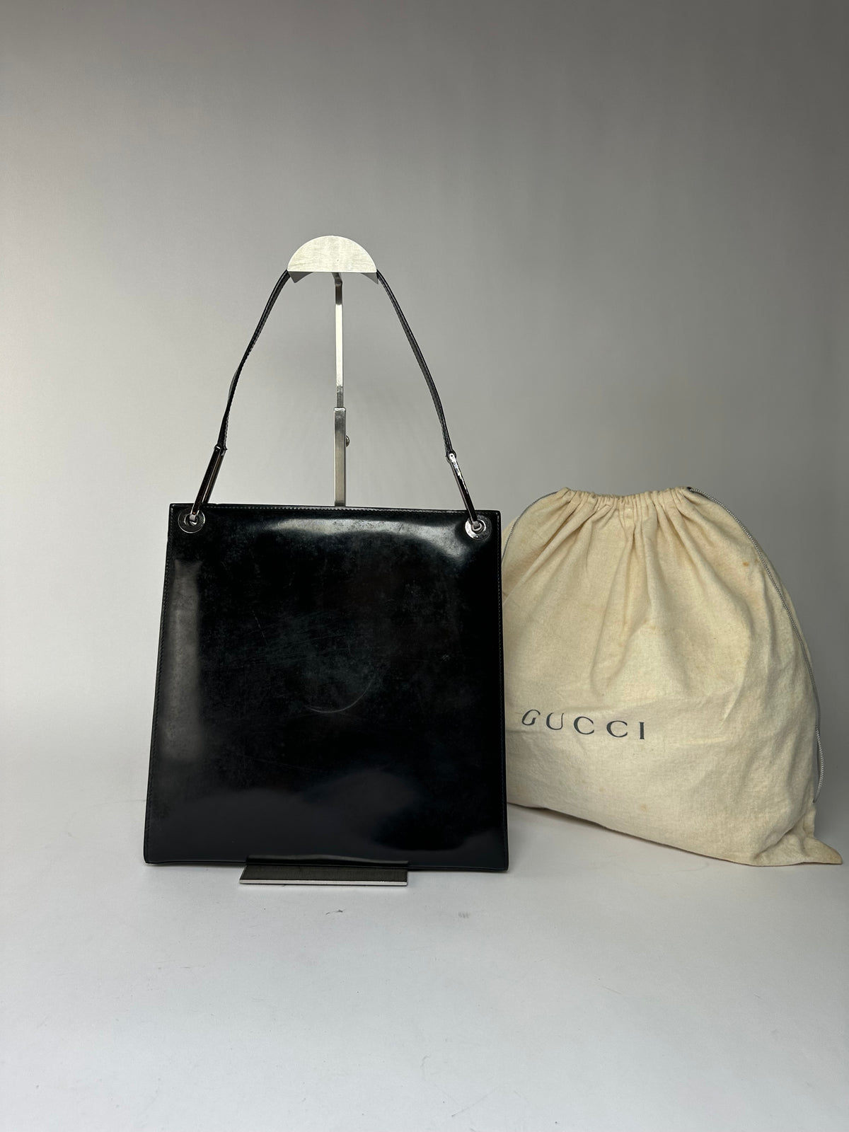 Vintage Gucci Patent Leather Tote Black Silver