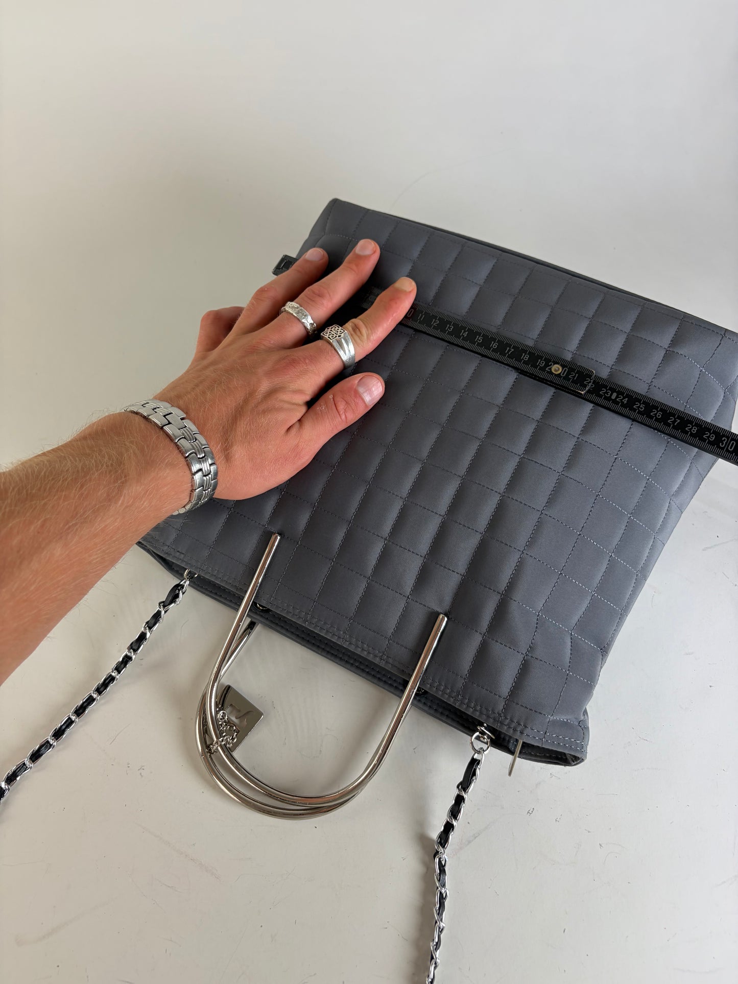 Vintage Courreges Quilted Nylon Tote Grey Silver
