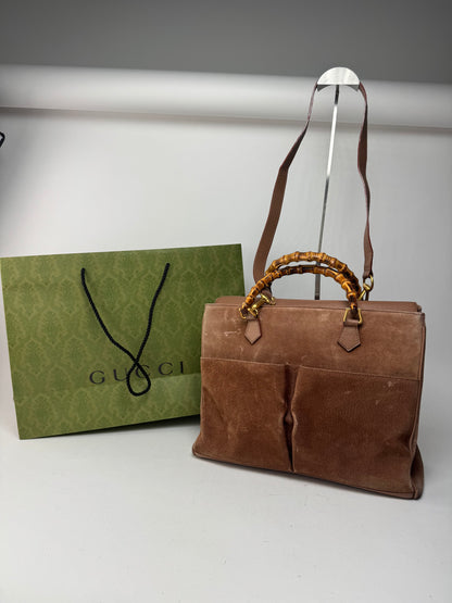 Sac vintage Gucci en daim et bambou à 2 voies marron
