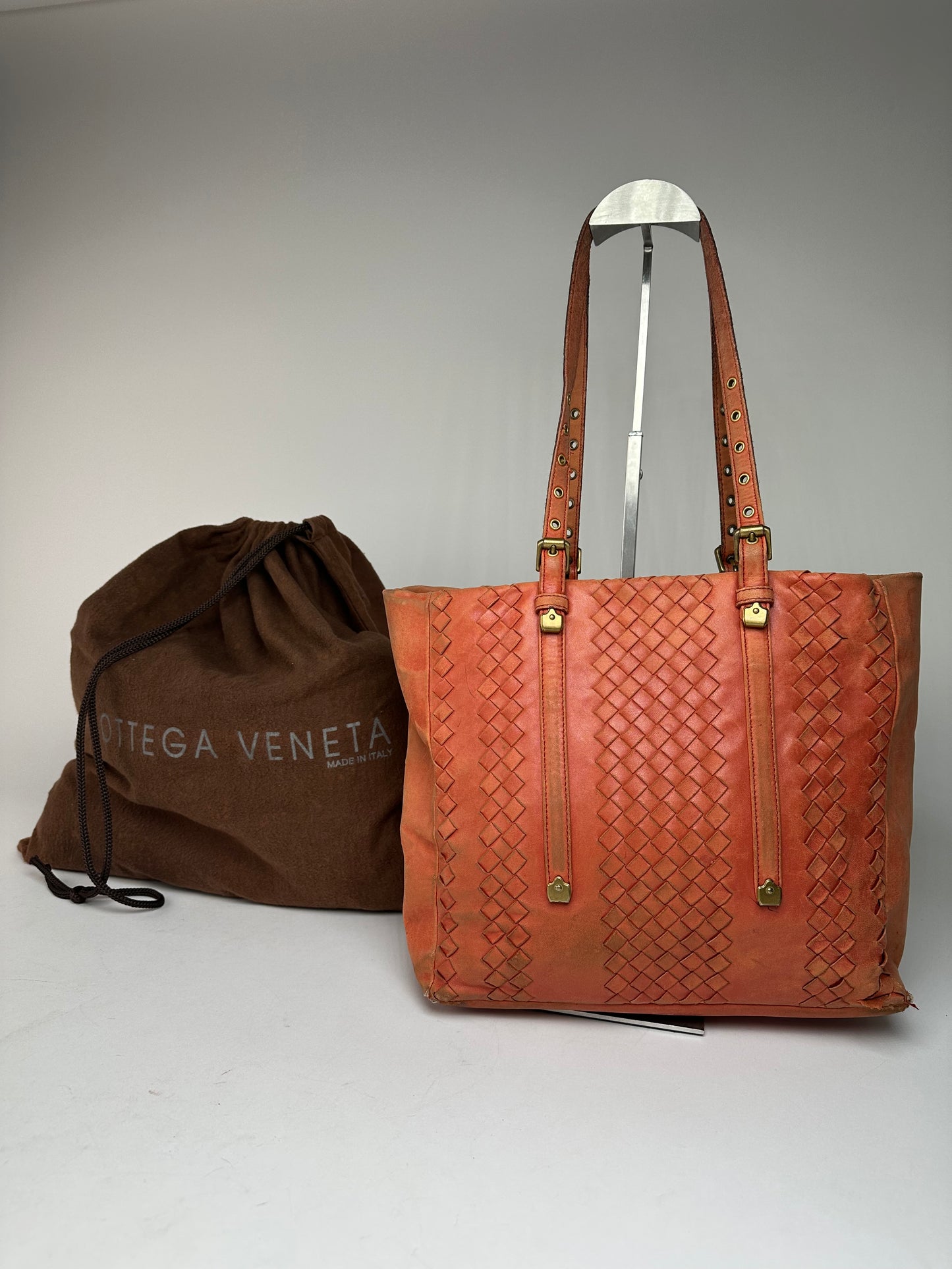 Vintage Bottega Veneta Intrecciato Leather Tote Bag Orange