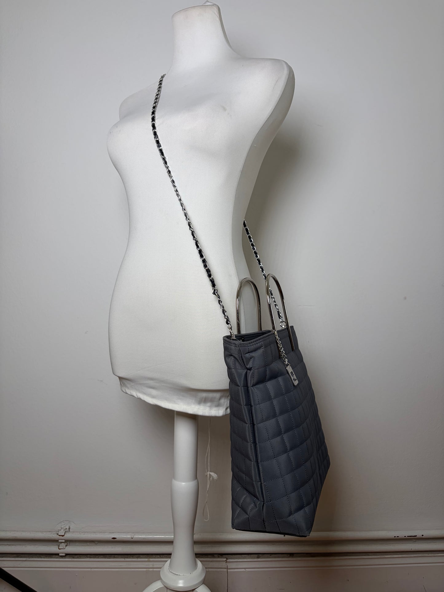 Vintage Courreges Quilted Nylon Tote Grey Silver