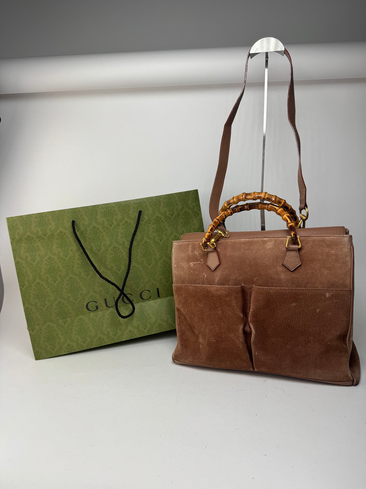 Sac vintage Gucci en daim et bambou à 2 voies marron