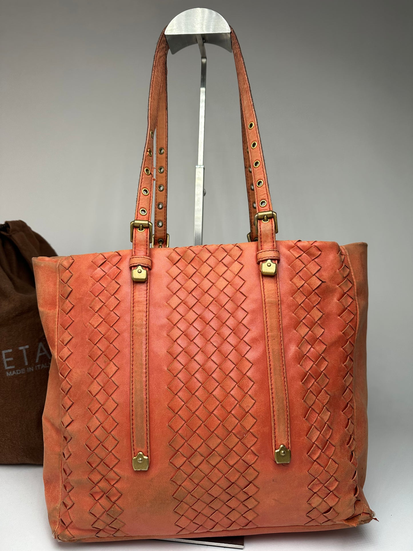 Vintage Bottega Veneta Intrecciato Leather Tote Bag Orange