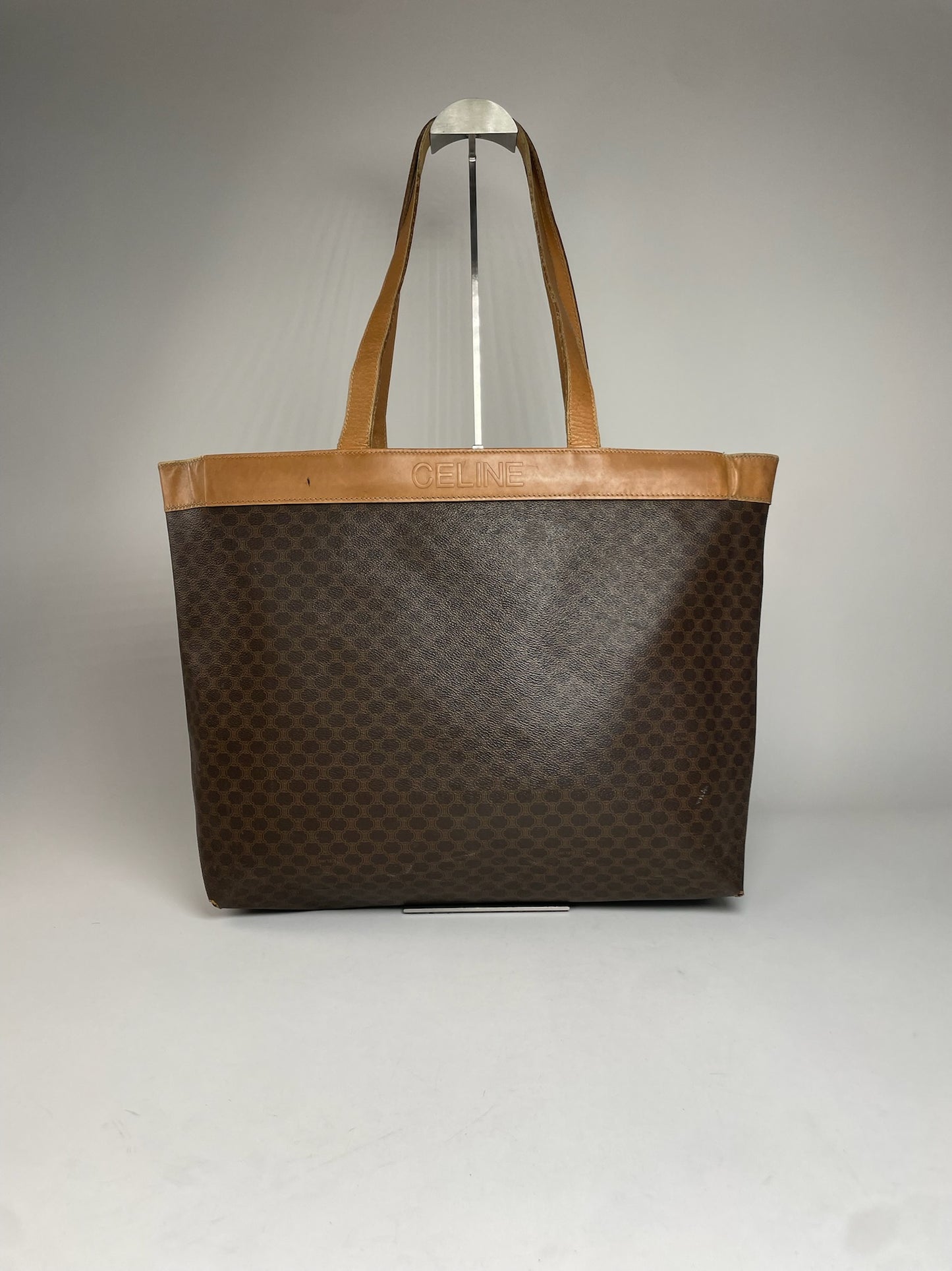 Vintage Celine Paris Triomphe Monogram Leather Tote Bag Brown