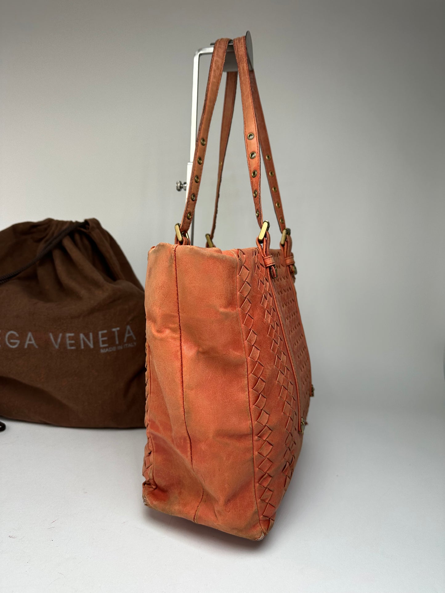 Vintage Bottega Veneta Intrecciato Leather Tote Bag Orange