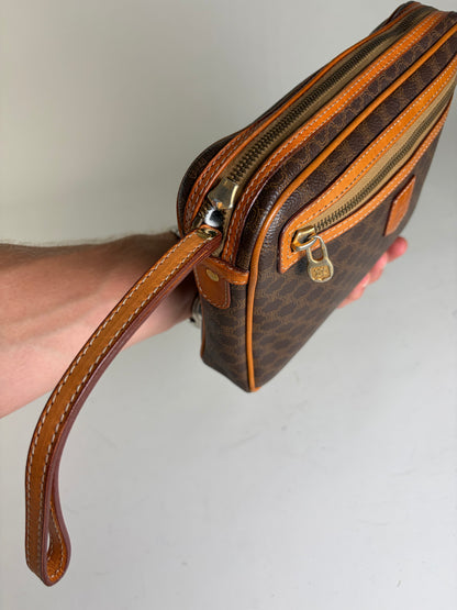 Vintage Celine Monogram Canvas Clutch Bag Brown Orange