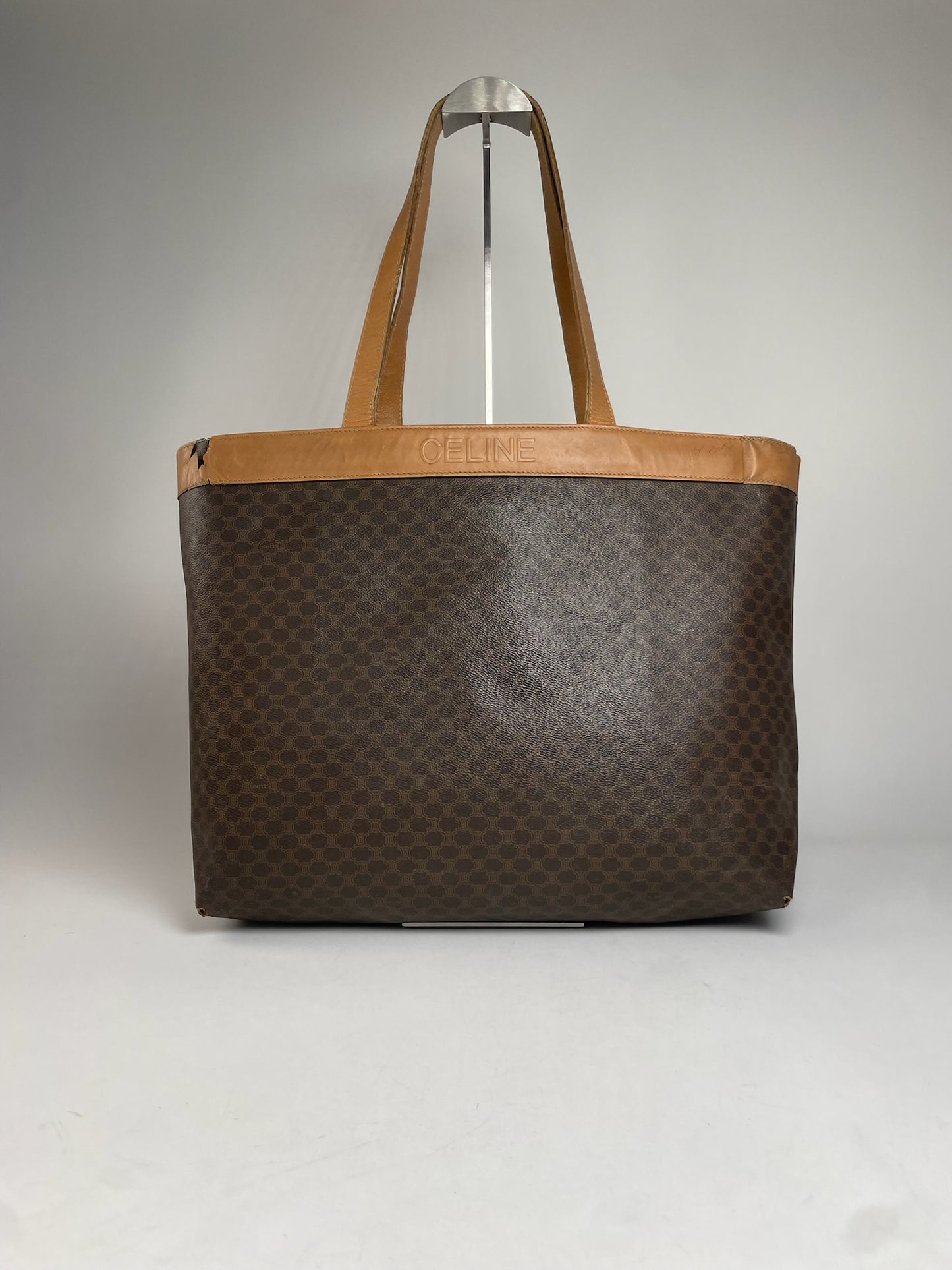 Vintage Celine Paris Triomphe Monogram Leather Tote Bag Brown