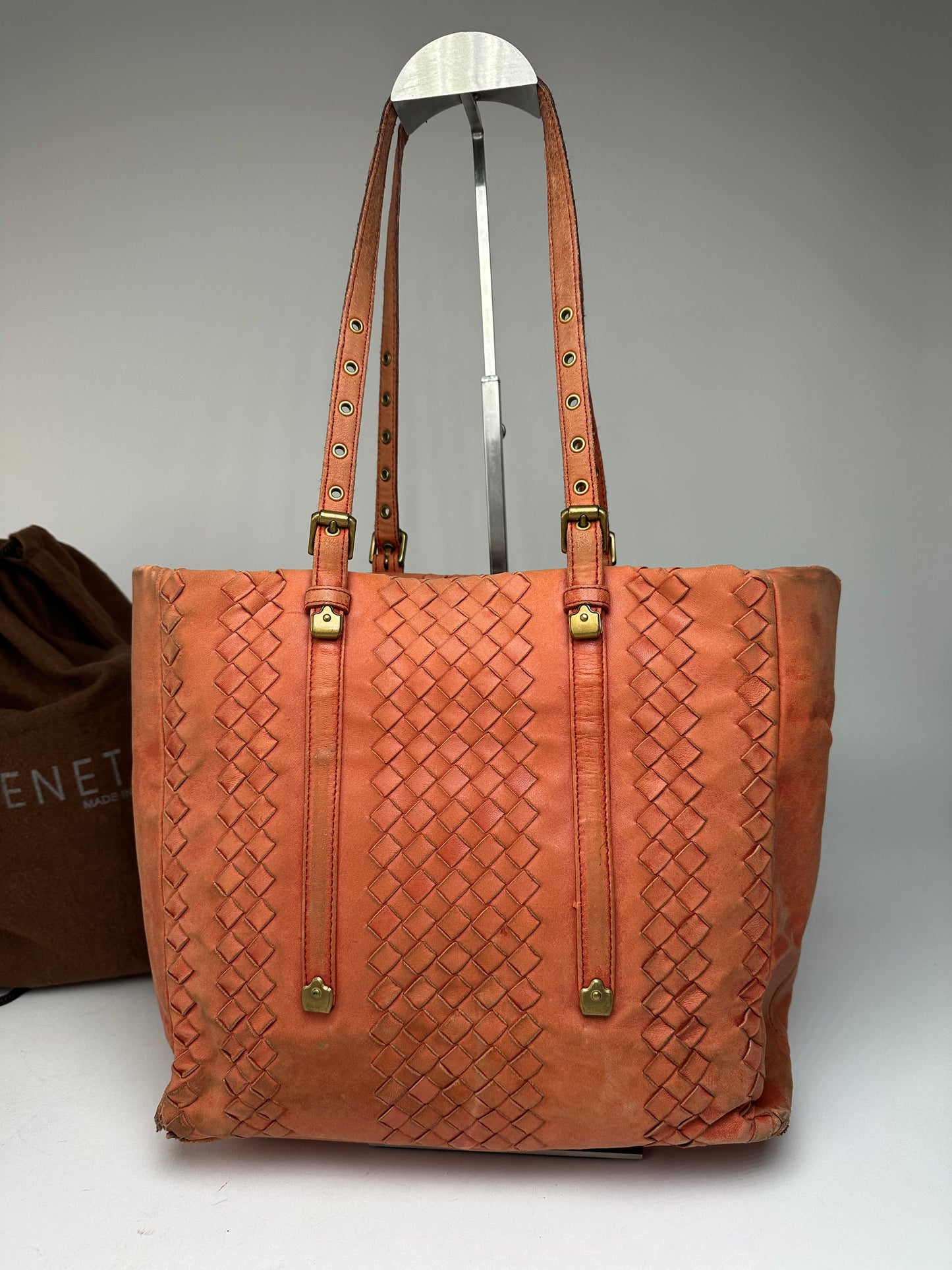 Vintage Bottega Veneta Intrecciato Leather Tote Bag Orange