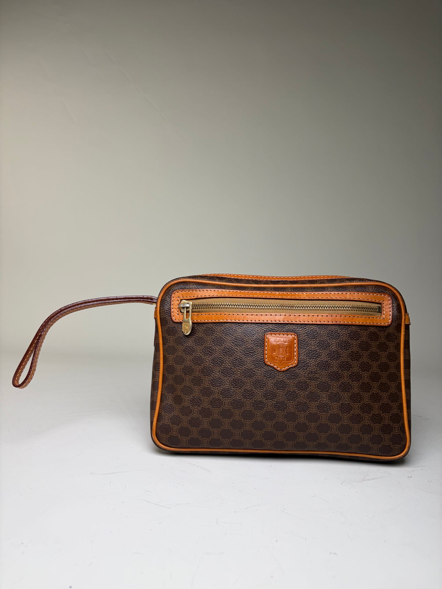Vintage Celine Monogram Canvas Clutch Bag Brown Orange