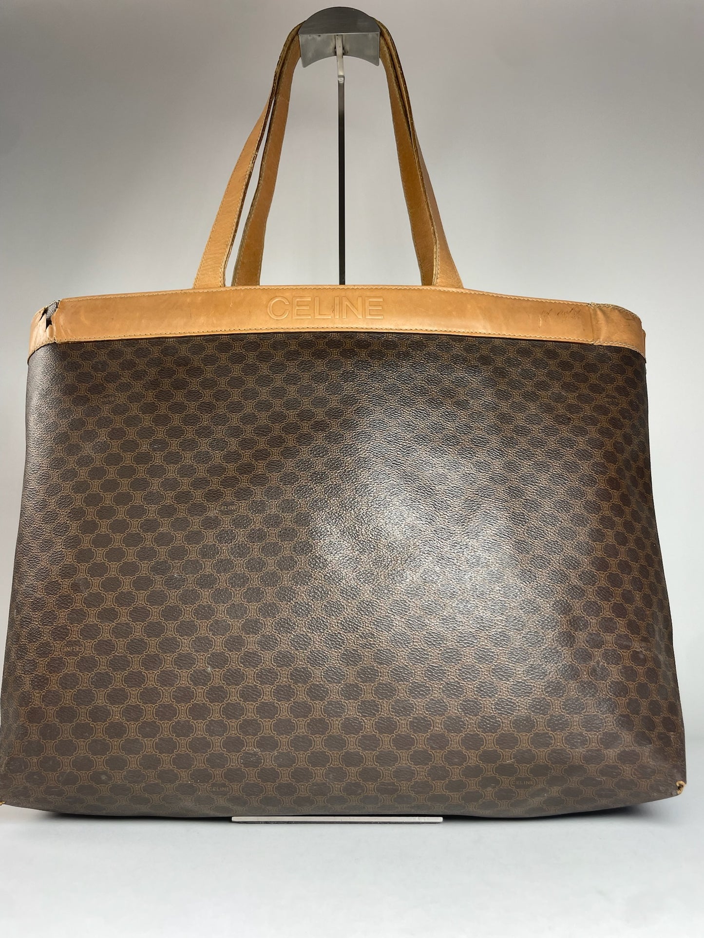 Vintage Celine Paris Triomphe Monogram Leather Tote Bag Brown