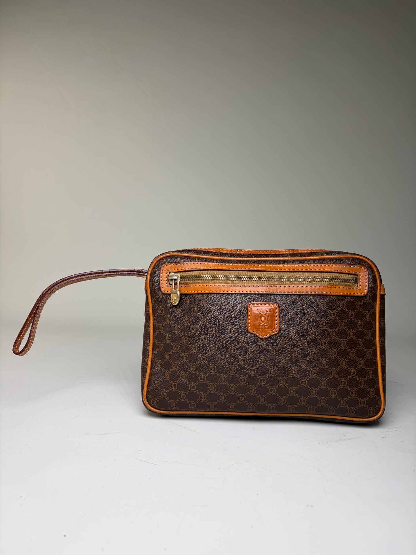 Vintage Celine Monogram Canvas Clutch Bag Brown Orange