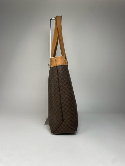 Vintage Celine Paris Triomphe Monogram Leather Tote Bag Brown