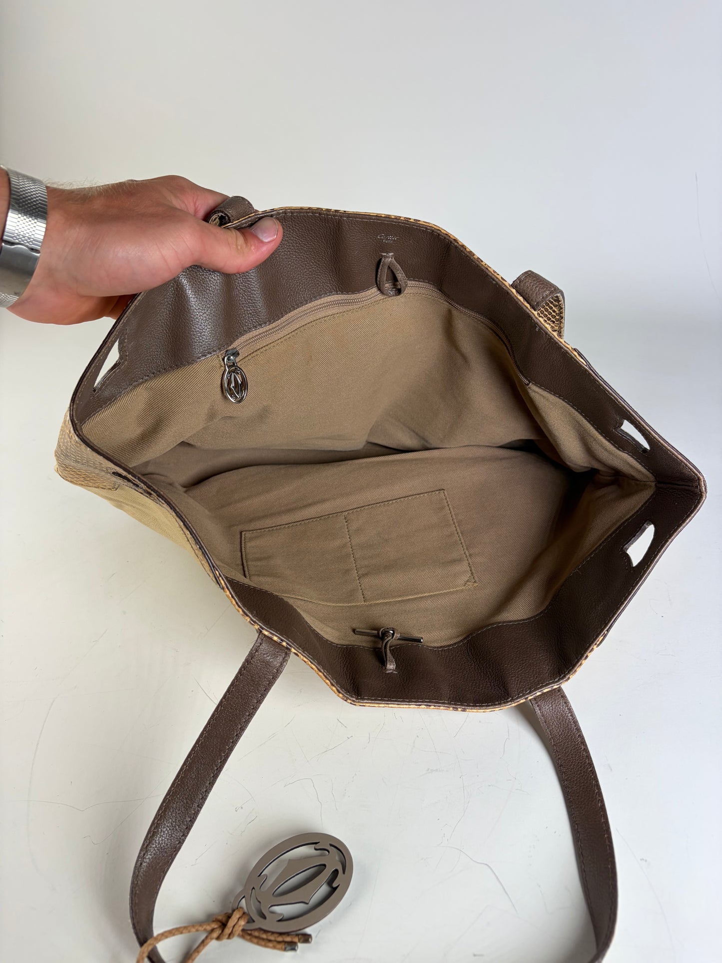 Vintage Cartier Canvas Tote Bag Beige Brown Silver
