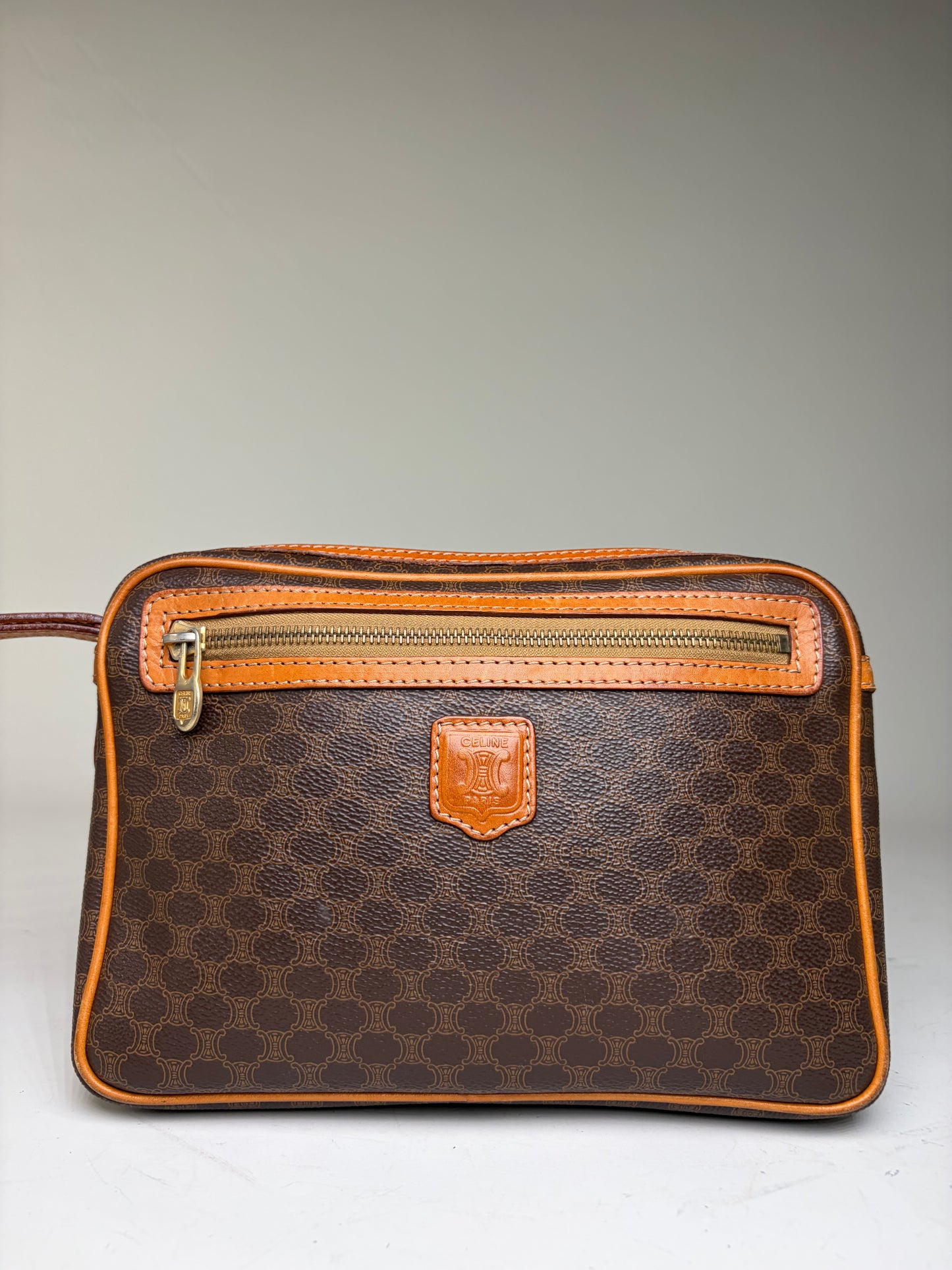 Vintage Celine Monogram Canvas Clutch Bag Brown Orange