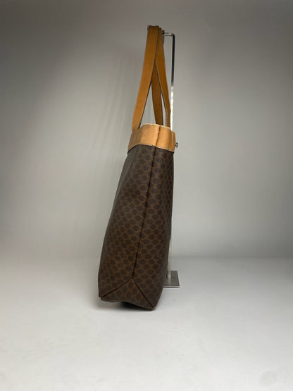 Vintage Celine Paris Triomphe Monogram Leather Tote Bag Brown