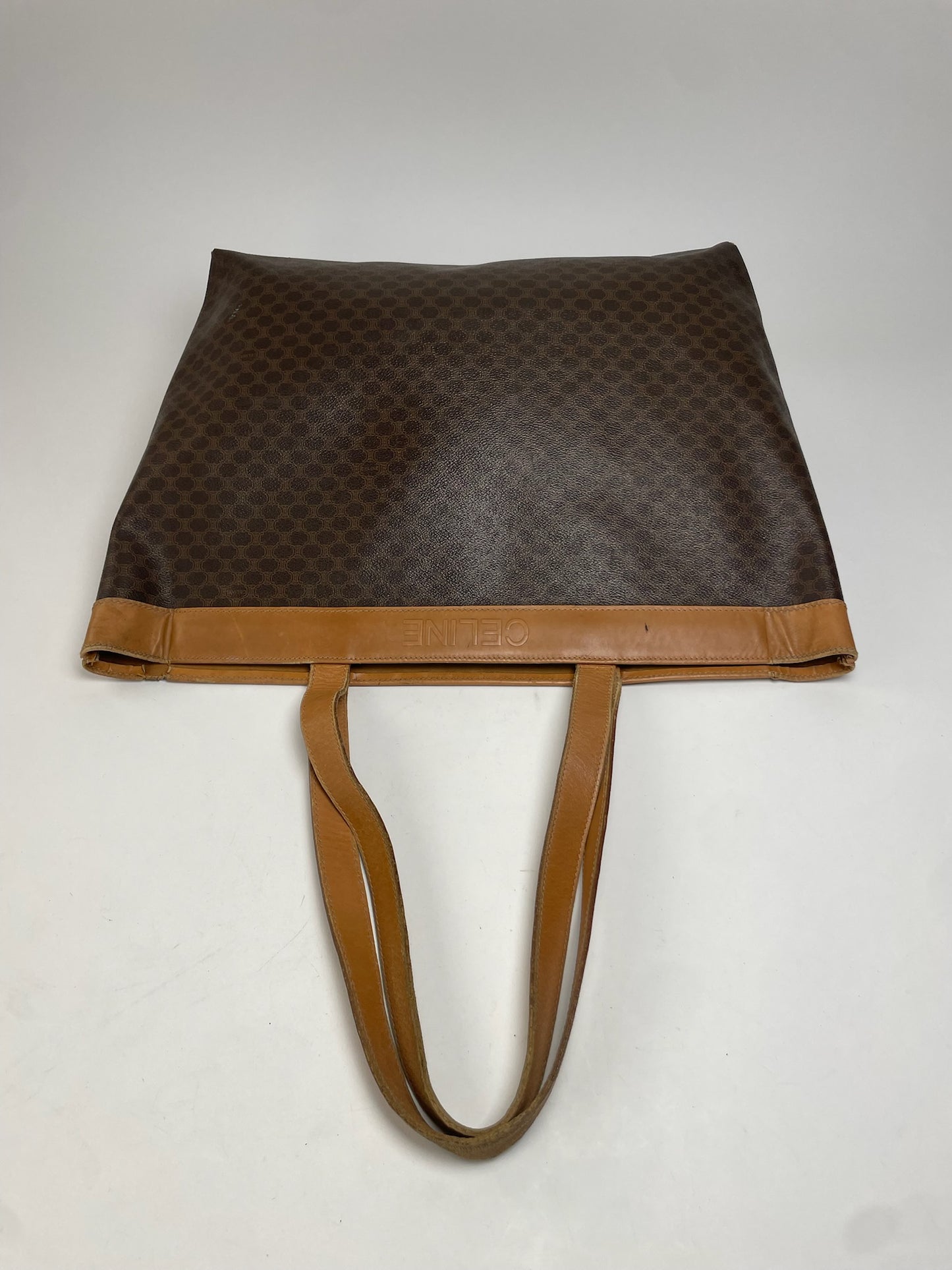 Vintage Celine Paris Triomphe Monogram Leather Tote Bag Brown