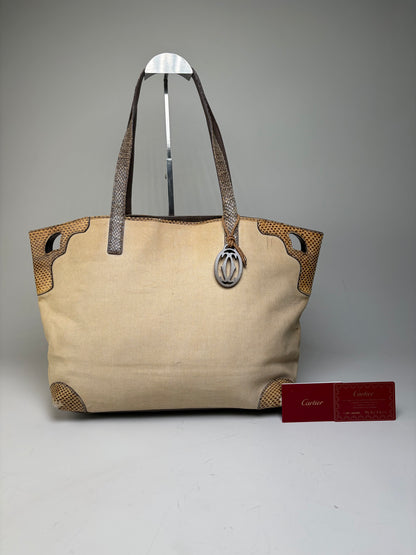 Vintage Cartier Canvas Tote Bag Beige Brown Silver