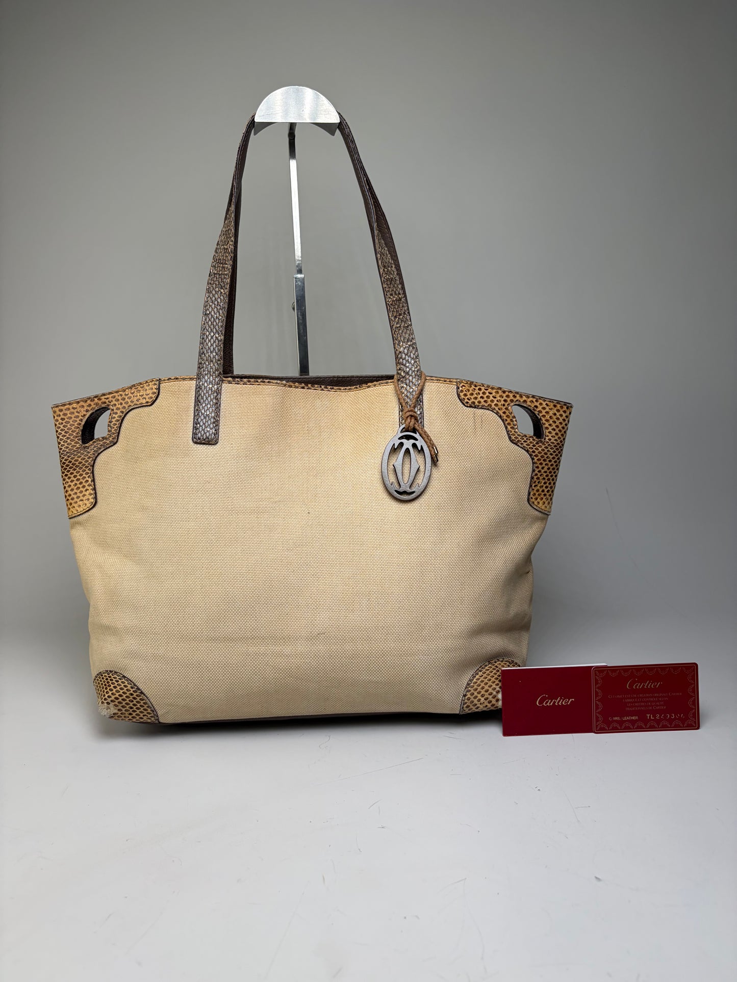 Vintage Cartier Canvas Tote Bag Beige Brown Silver