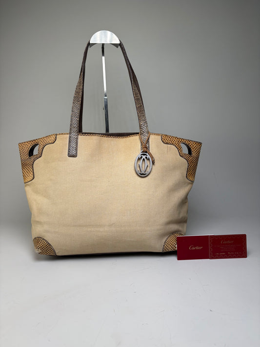 Vintage Cartier Canvas Tote Bag Beige Brown Silver