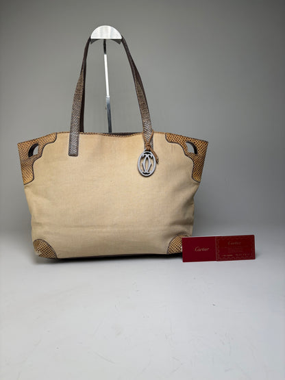 Vintage Cartier Canvas Tote Bag Beige Brown Silver
