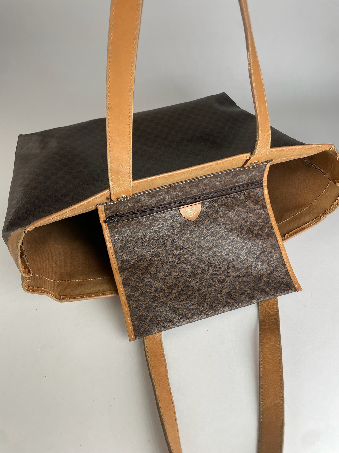 Vintage Celine Paris Triomphe Monogram Leather Tote Bag Brown