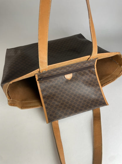 Vintage Celine Paris Triomphe Monogram Leather Tote Bag Brown
