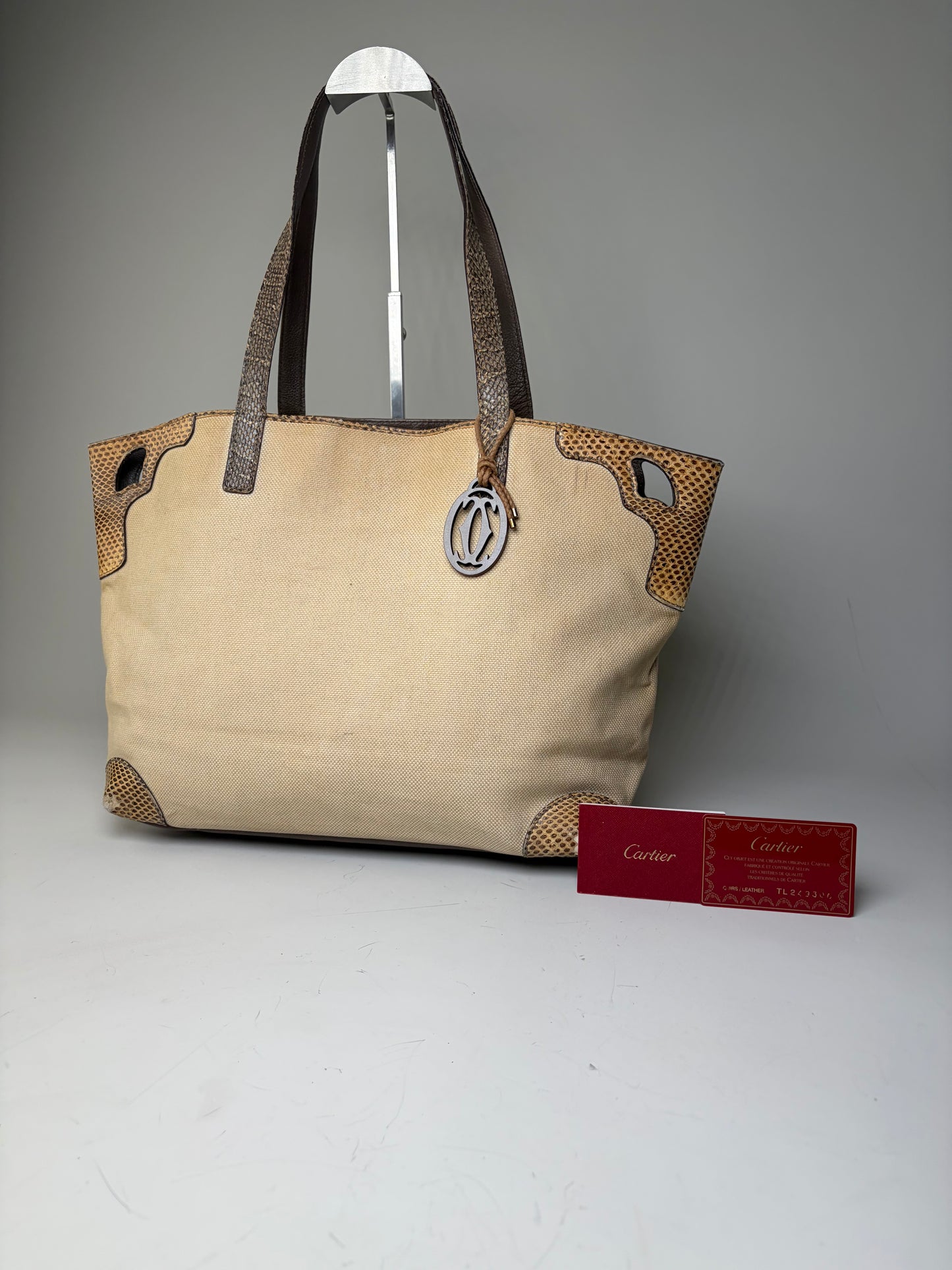 Vintage Cartier Canvas Tote Bag Beige Brown Silver
