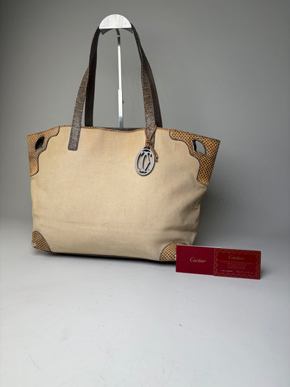 Vintage Cartier Canvas Tote Bag Beige Brown Silver