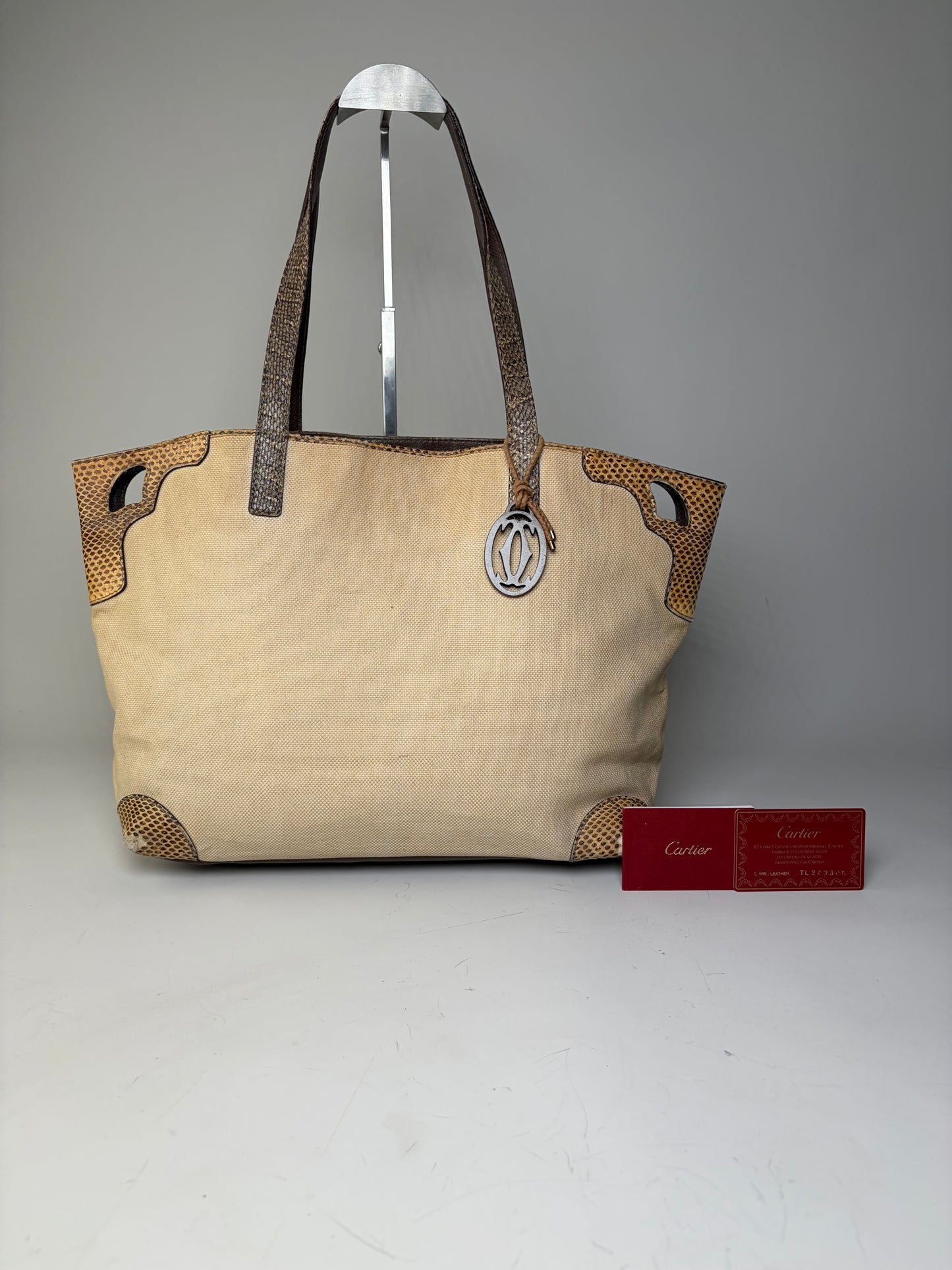Vintage Cartier Canvas Tote Bag Beige Brown Silver