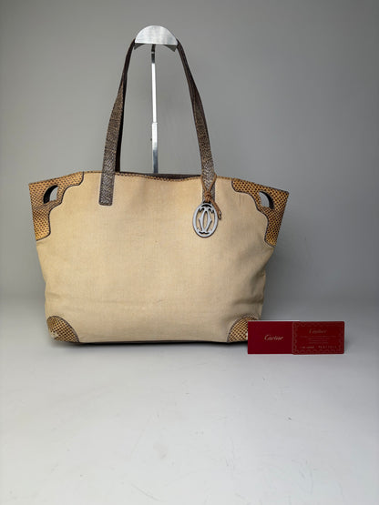 Vintage Cartier Canvas Tote Bag Beige Brown Silver