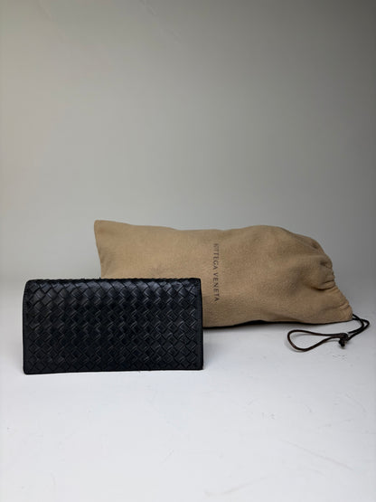 Vintage Bottega Veneta Intrecciato Leather Bifold Wallet Black